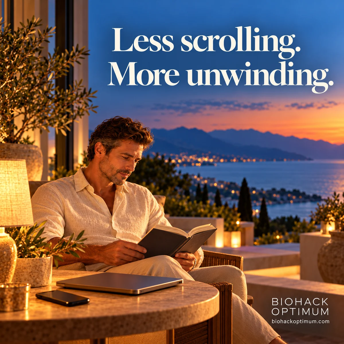 Less scrolling. More unwinding. A man reads a paper book beside a warm lamp, with a phone and closed laptop set aside. BioHack Optimum.