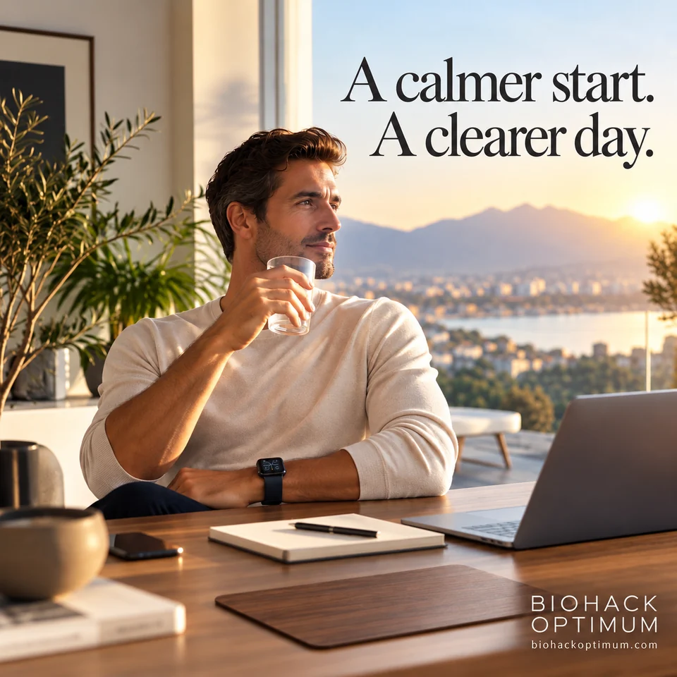 A calmer start. A clearer day. A man with a glass of water at a sunlit coastal desk. BioHack Optimum.