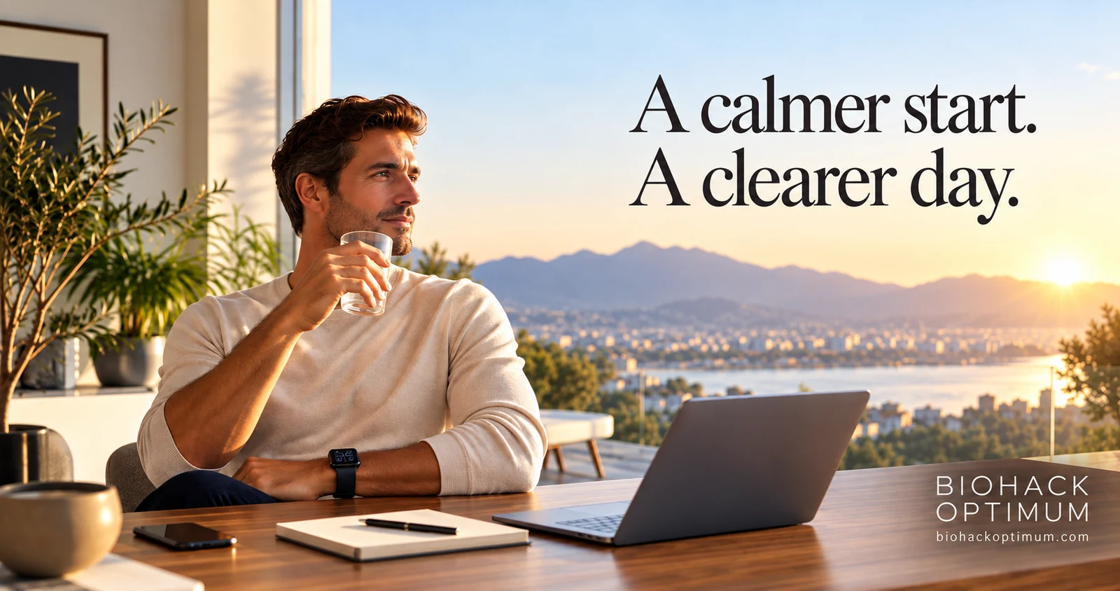A calmer start. A clearer day. A man pauses with a glass of water at a sunlit desk overlooking the coast. BioHack Optimum.