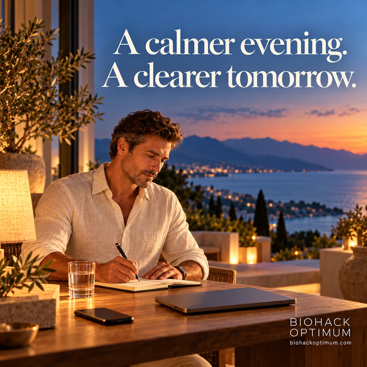 A calmer evening. A clearer tomorrow. A man writes in a notebook beside a closed laptop overlooking the coast at dusk. BioHack Optimum.
