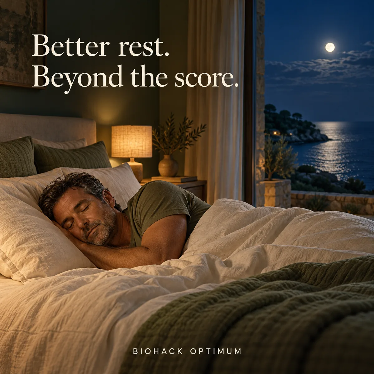 Better rest. Beyond the score. A man sleeps in a calm coastal bedroom with ivory linen and soft bedside light. BioHack Optimum.