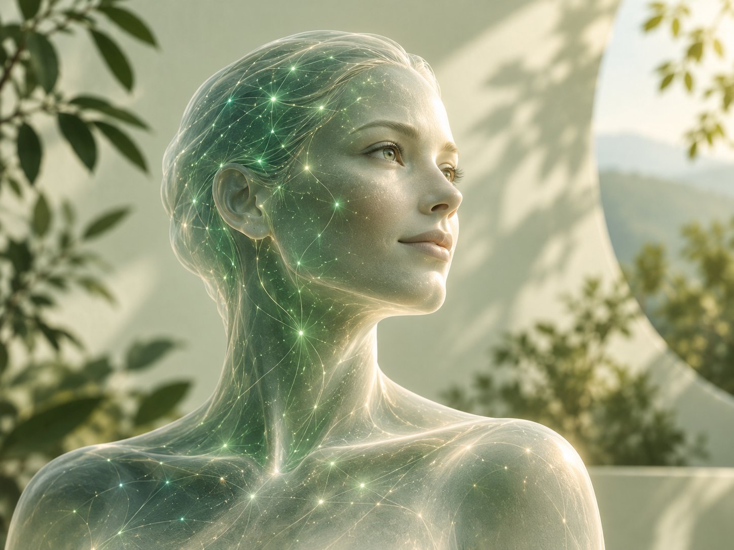Sunlit human silhouette with subtle digital connections in a calming sage-green setting