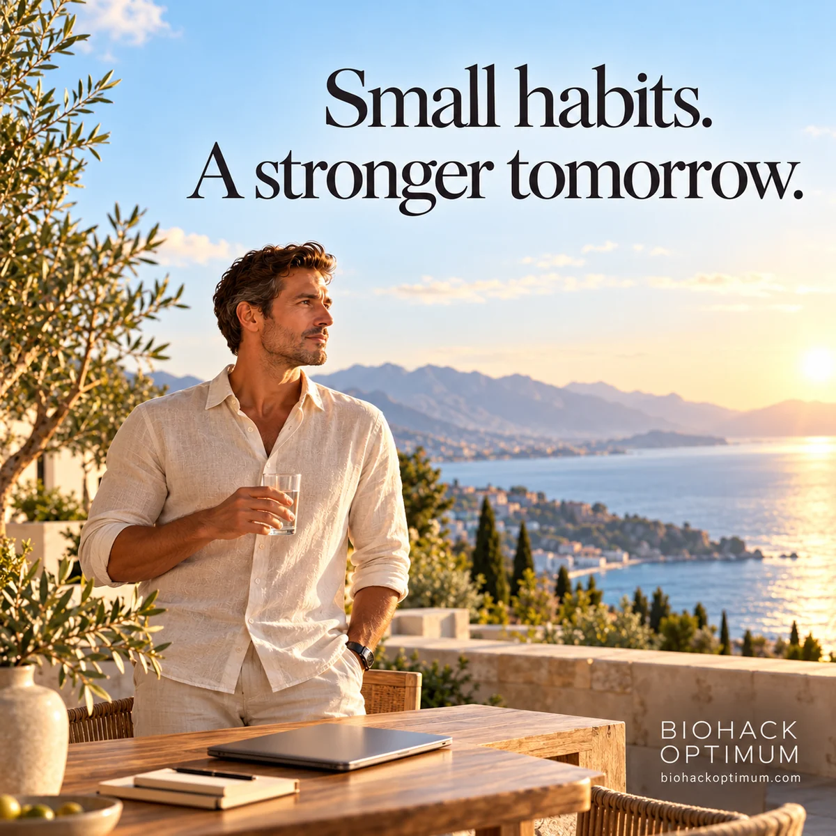 Small habits. A stronger tomorrow. A man pauses with a glass of water on a sunlit coastal terrace. BioHack Optimum.